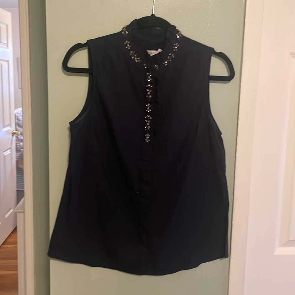 J Crew Navy Ruffle Color Jeweled Blouse Size 8